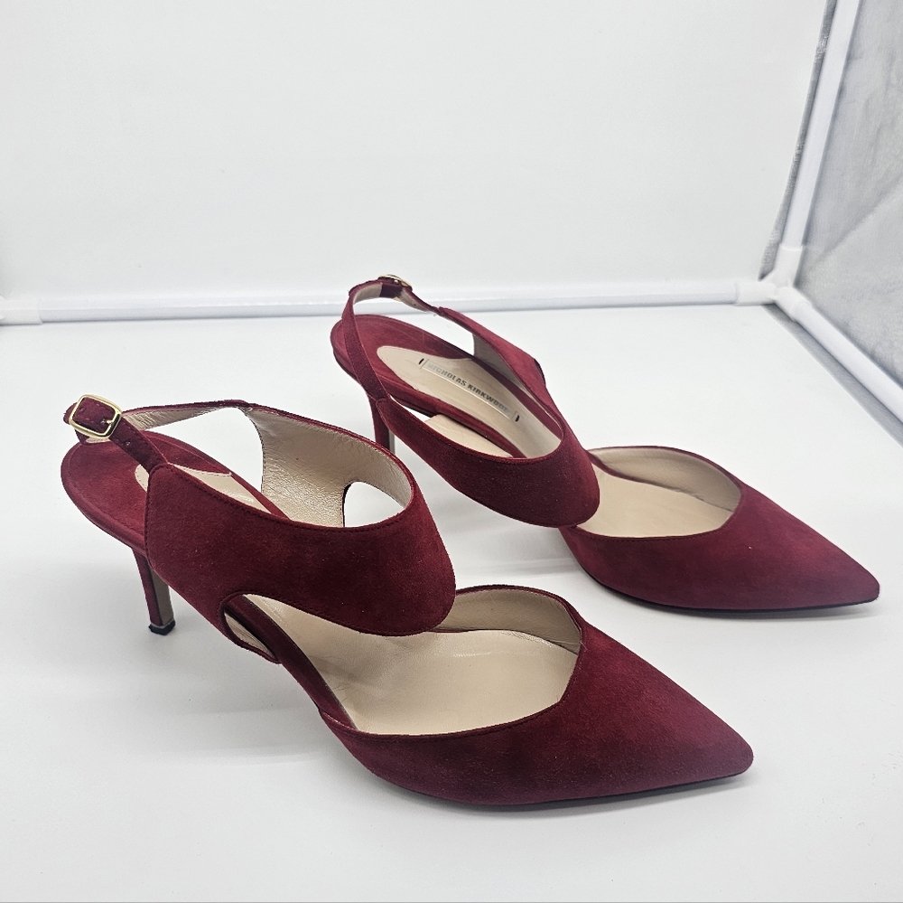 NICHOLAS KIRKWOOD Leda Crimson Red Suede Cut Out Slingback Pumps Heels sz 39.5 - Picture 4 of 13